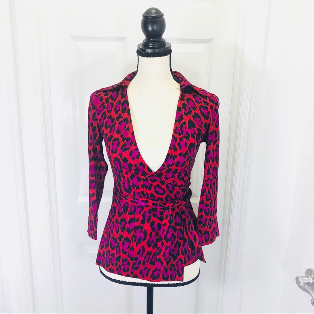 DVF Vintage Spotted Red Cat Jill Silk Top - Size 0